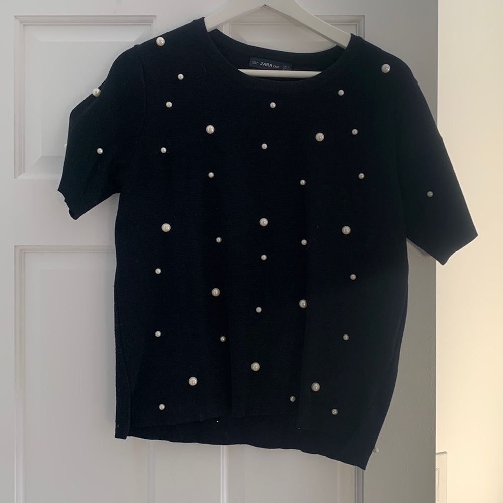 Zara pearl embellished short sleeve sweater